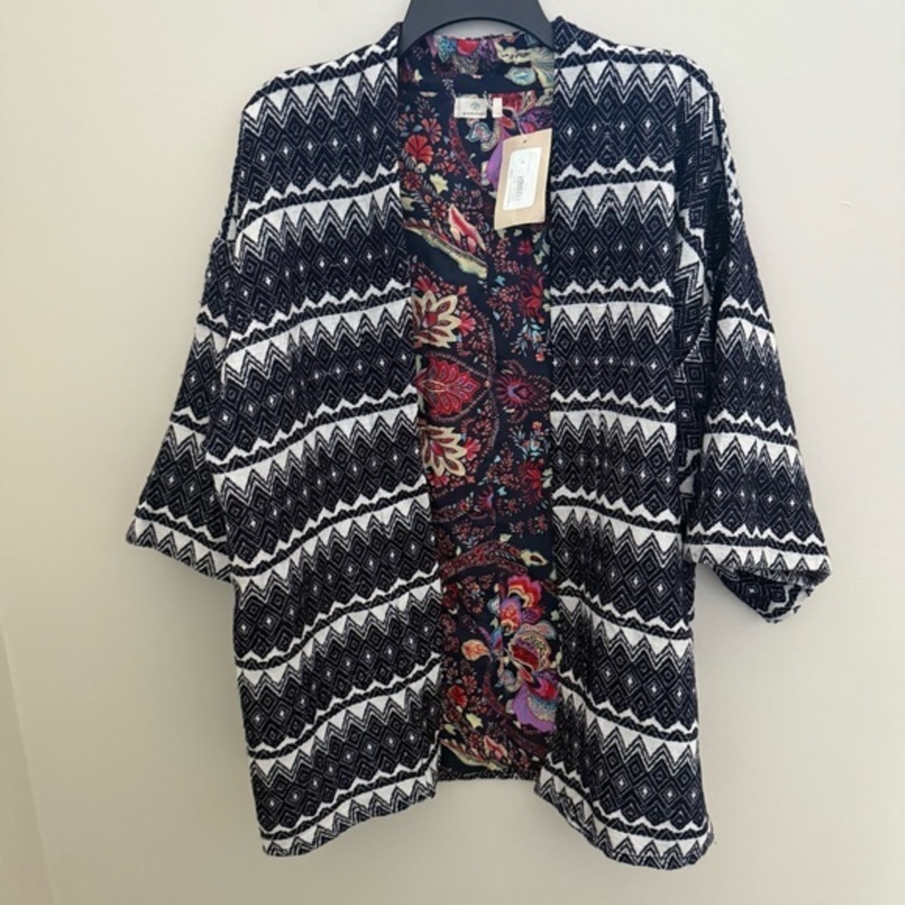 Sundance Guadalupe 100% Cotton Black Chevron Stripe Kimono Jacket Cardigan